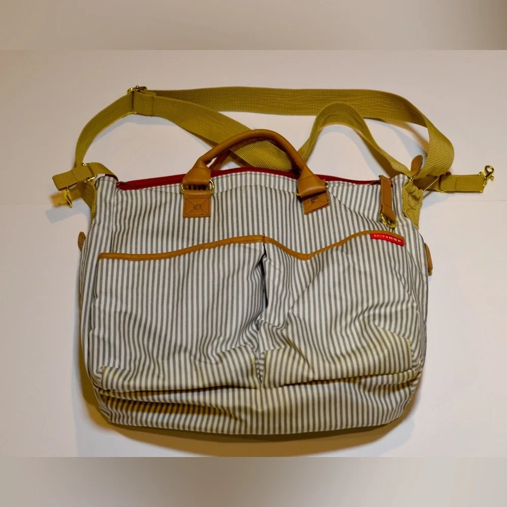 Skiphop Diaper Bag French Stripe Grey White Brown trim